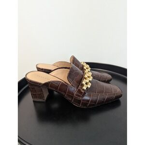 Veronica Beard Bera‎ Brown Croc Embossed Leather Gold Chain Link Mules sz 8.5
